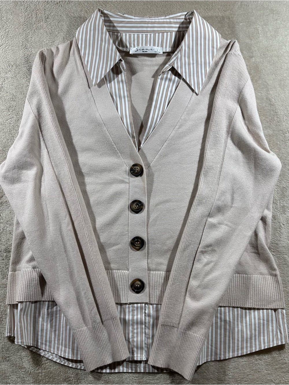 Soft Beige Layered Cardigan with Striped Shirt Collar